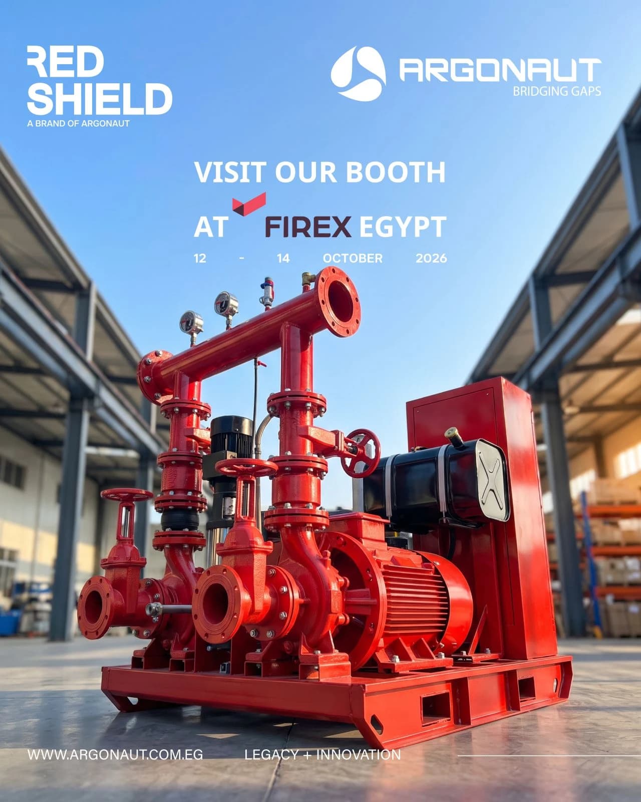 Red Shield fire pump set — visit the Argonaut booth at FIREX Egypt, 12–14 October 2026